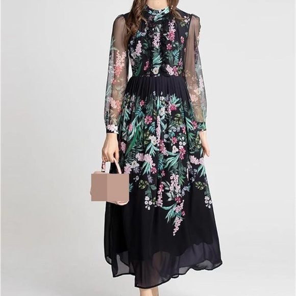 Mesh Sleeve Floral Dress - Picture 1 of 6